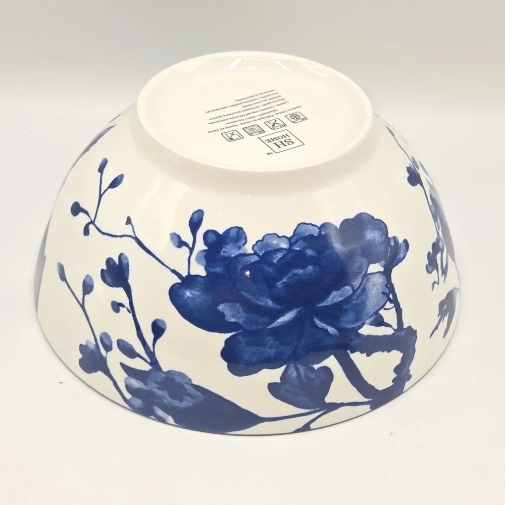 SH Home Blue Peony Ceramic Ramen Noodle Bowl 54oz With Chopsticks And Spoon 4pc